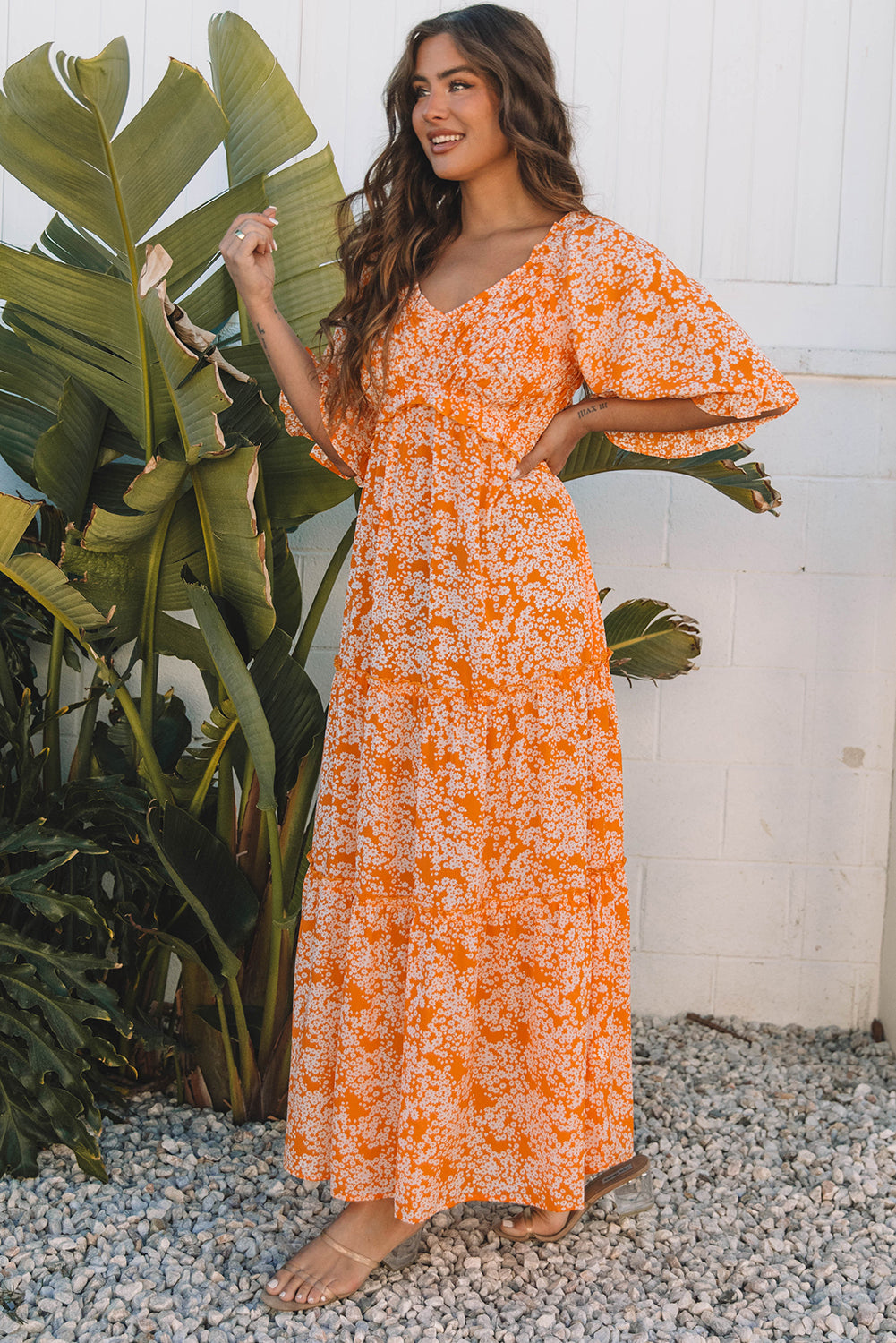 Floral Print Smocked V Neck Wide Sleeve Maxi Dress