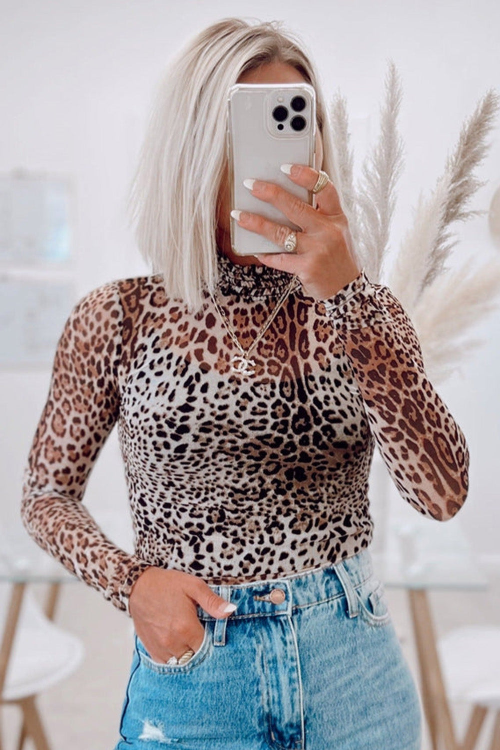 Leopard Smocked Neck Mesh Long Sleeve Bodysuit