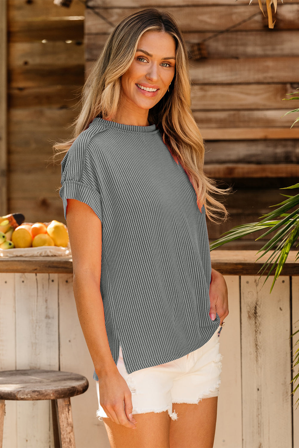 Textured Knit Exposed Stitching T-shirt