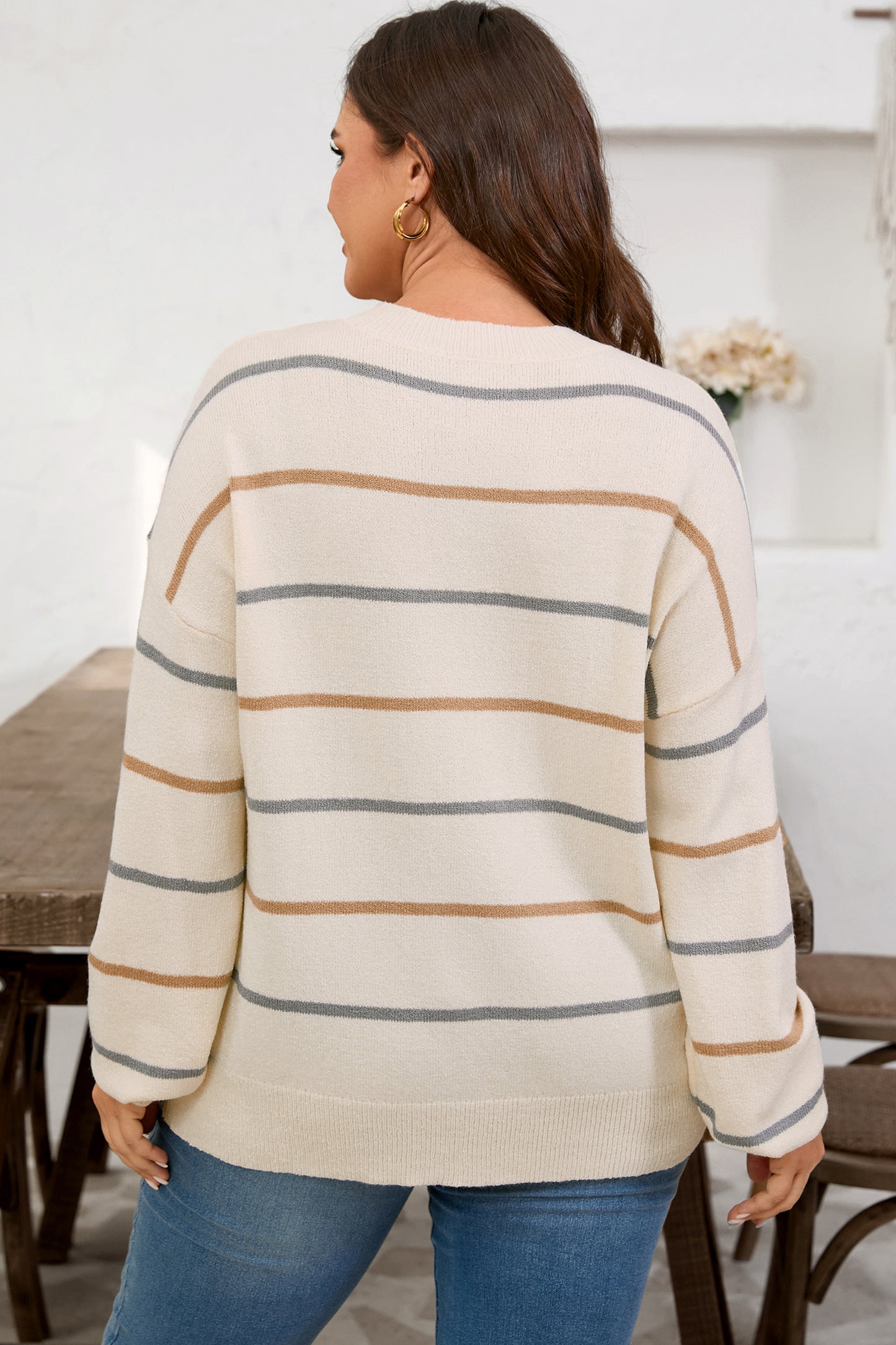 Striped Drop Shoulder Plus Sweater