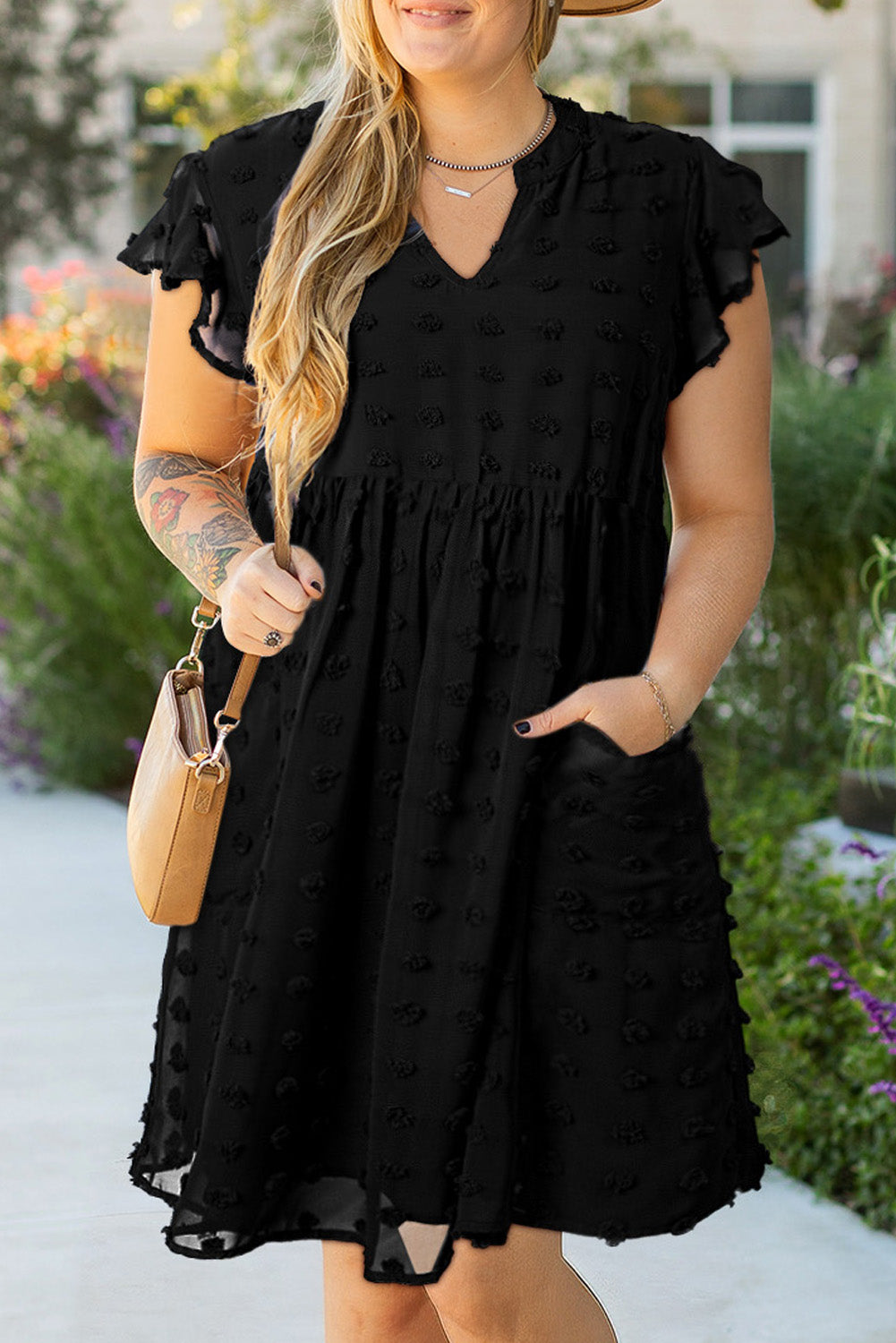 Dotty Textured Notched Neck Plus Ruffled Dress