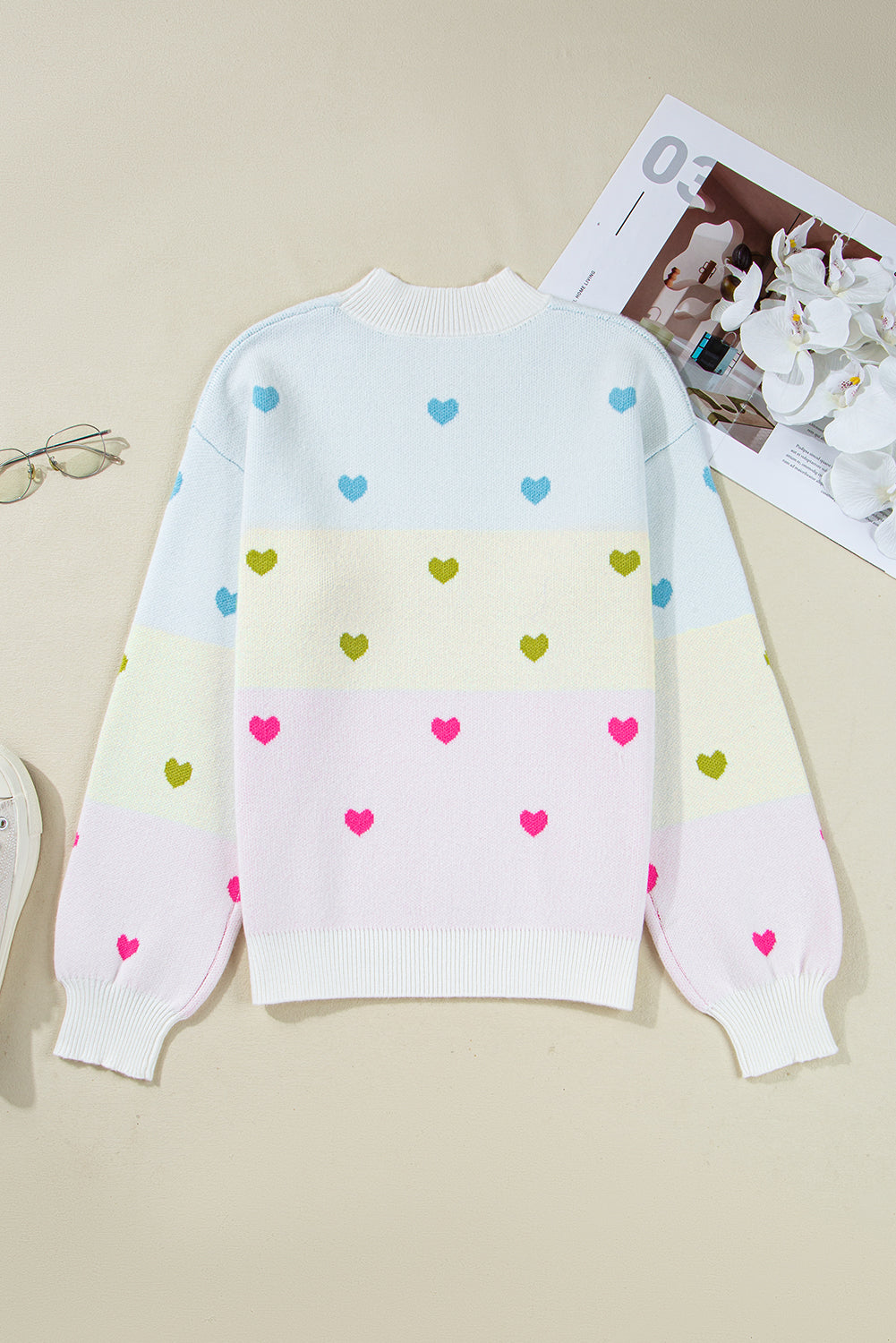 Heart Pattern Colorblock Knit High Neck Baggy Sweater