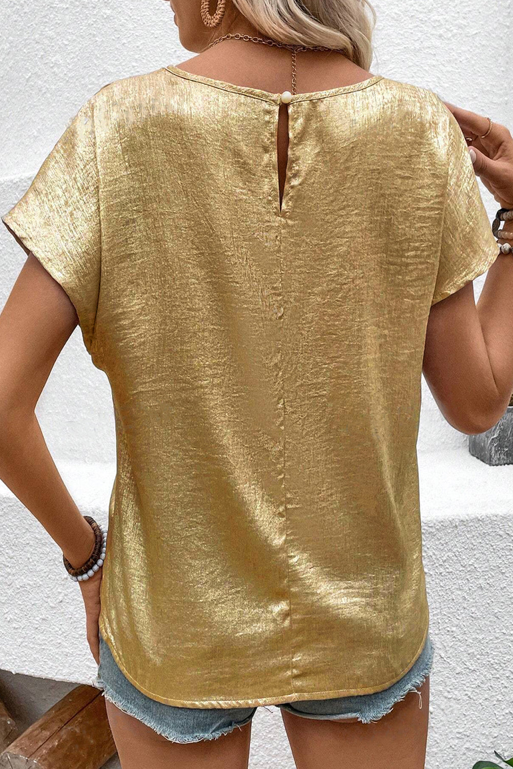 Glossy Round Neck Pleated Detail Short Sleeve Blouse