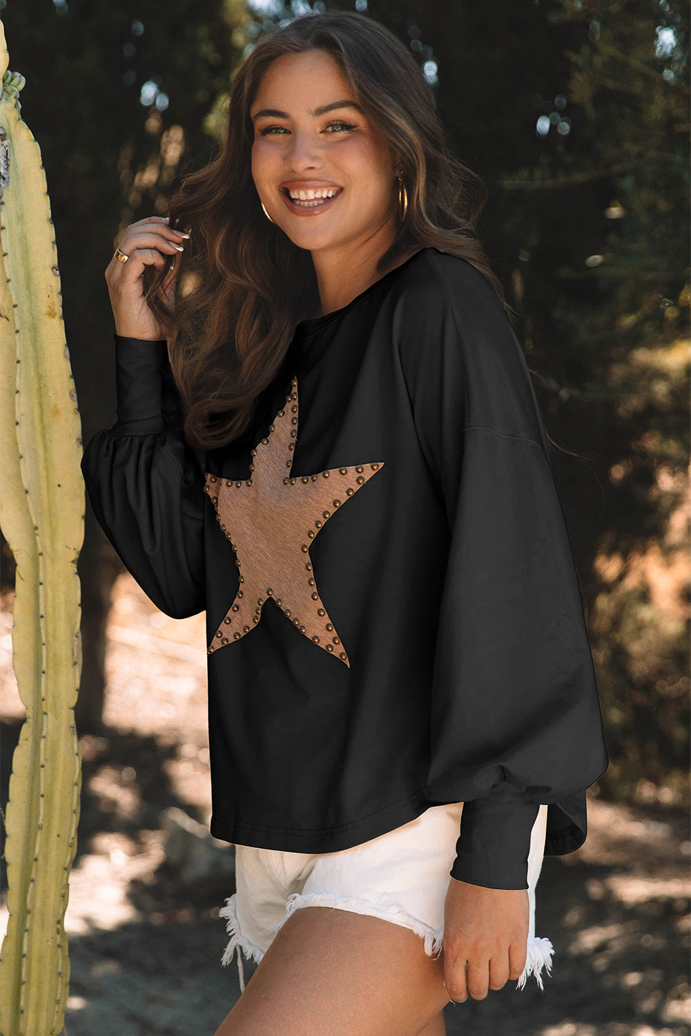 Studded Star Graphic Oversized Long Sleeve Top