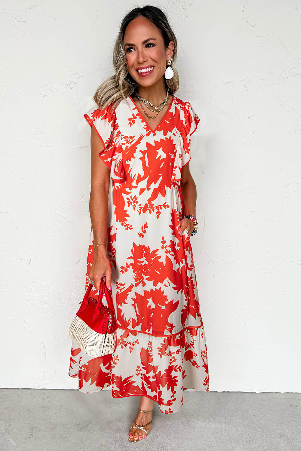 Floral Print Trimmed V Neck Ruffle Sleeve Long Dress