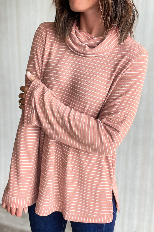 Cowl Neck Side Slits Loose Fit Long Sleeve Top