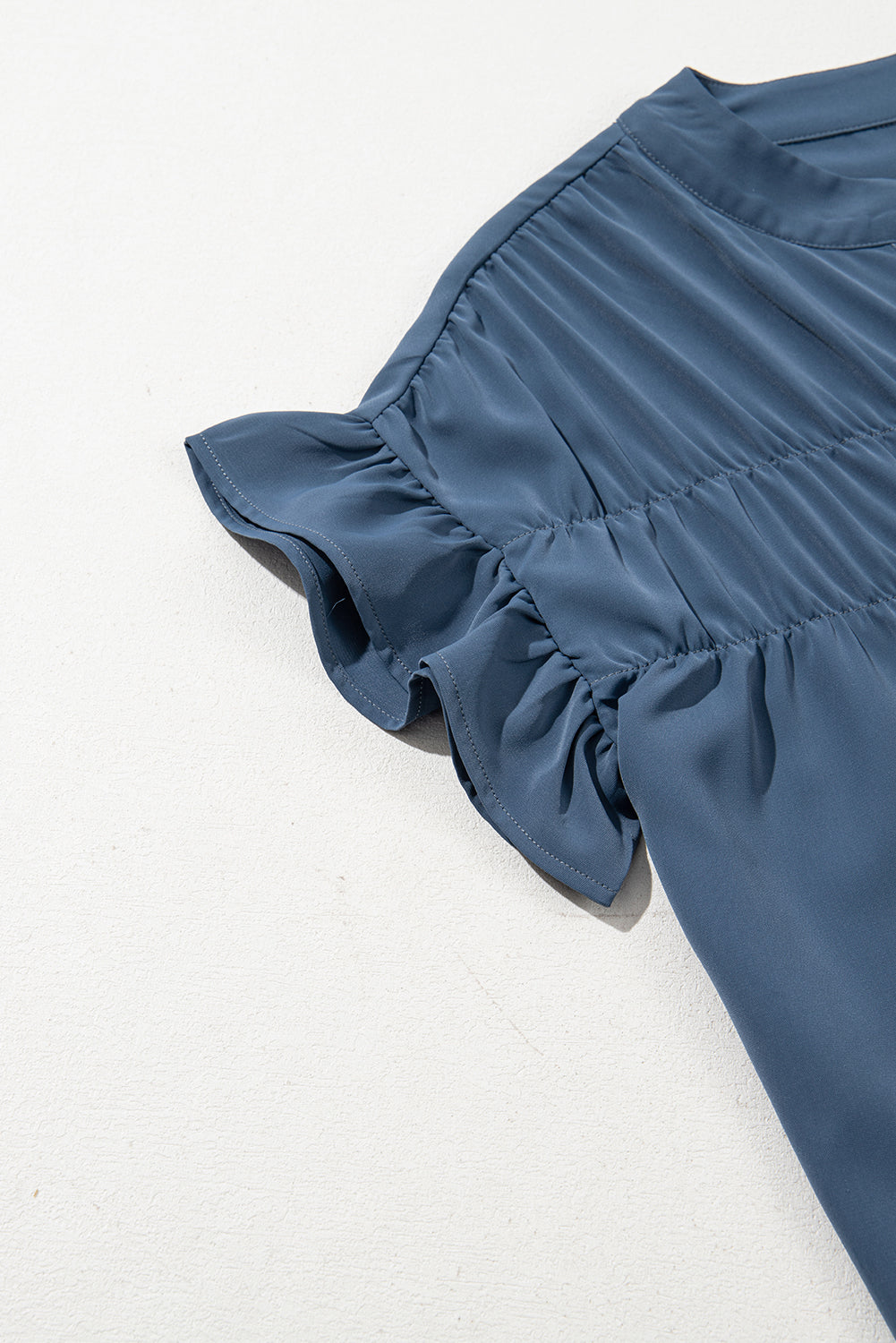 Solid Color Ruffle Ruched Short Sleeve Buttoned Shirt