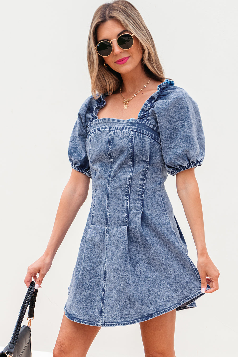 Frilly Square Neck Bustier Puff Sleeve Short Denim Dress