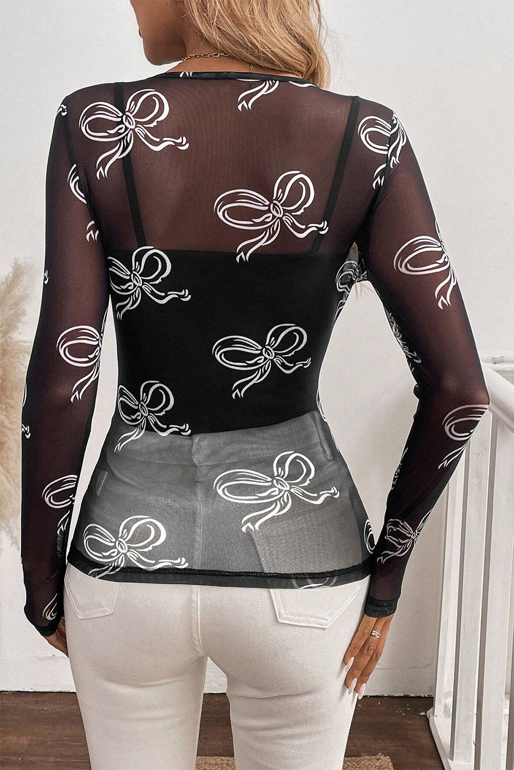 Round Neck Bow Print Long Sleeve Mesh Top