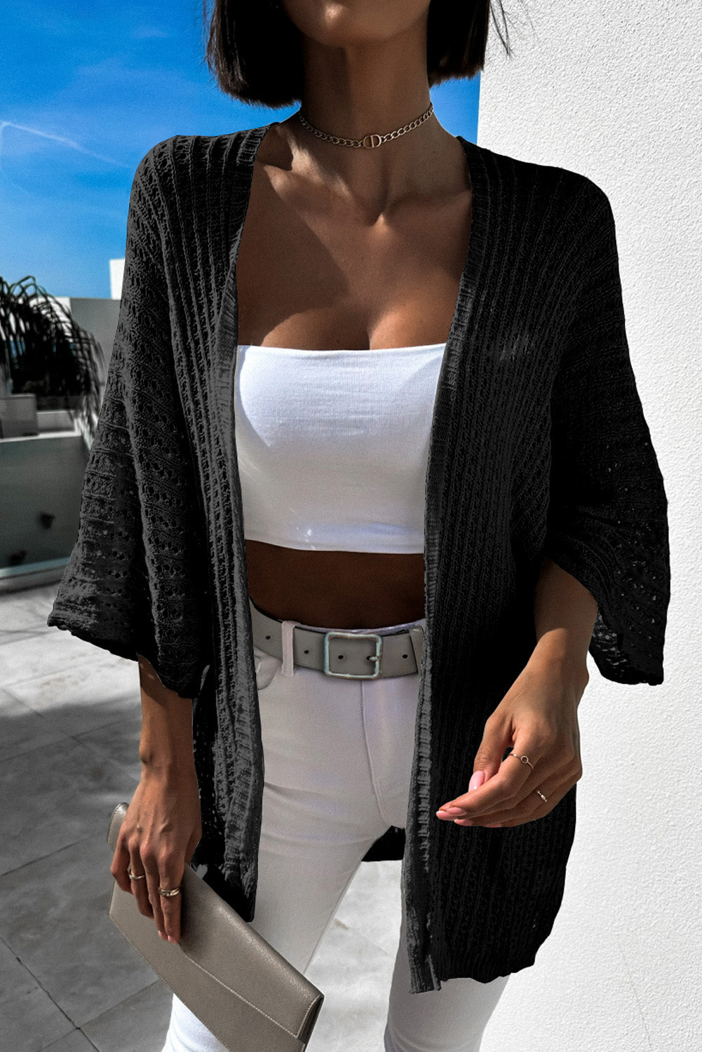 Hollow-out Bracelet Sleeve Knit Cardigan