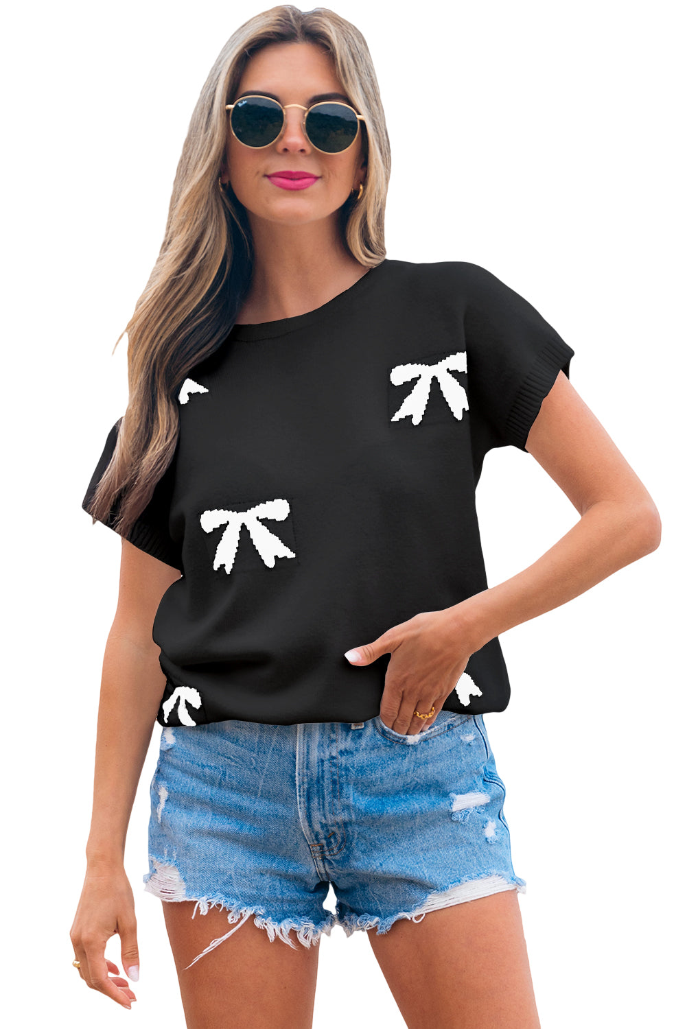 Bow Pattern Knit Short Sleeve Sweater