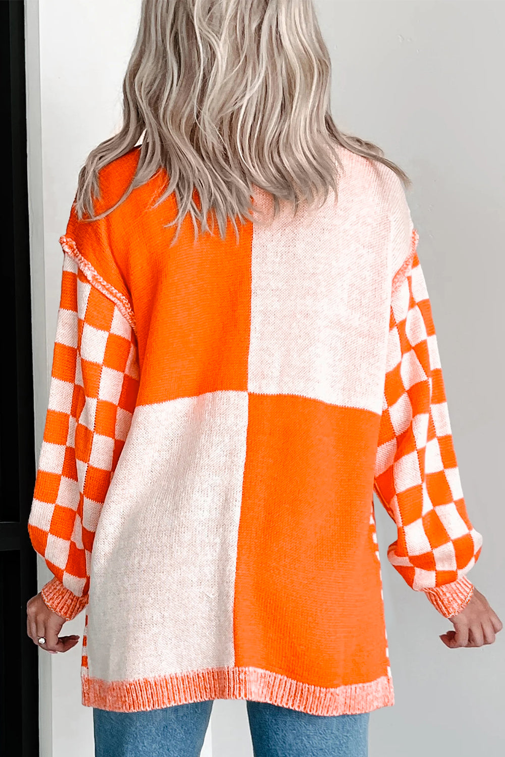 Checkered Open Front Drop Shoulder Cardigan