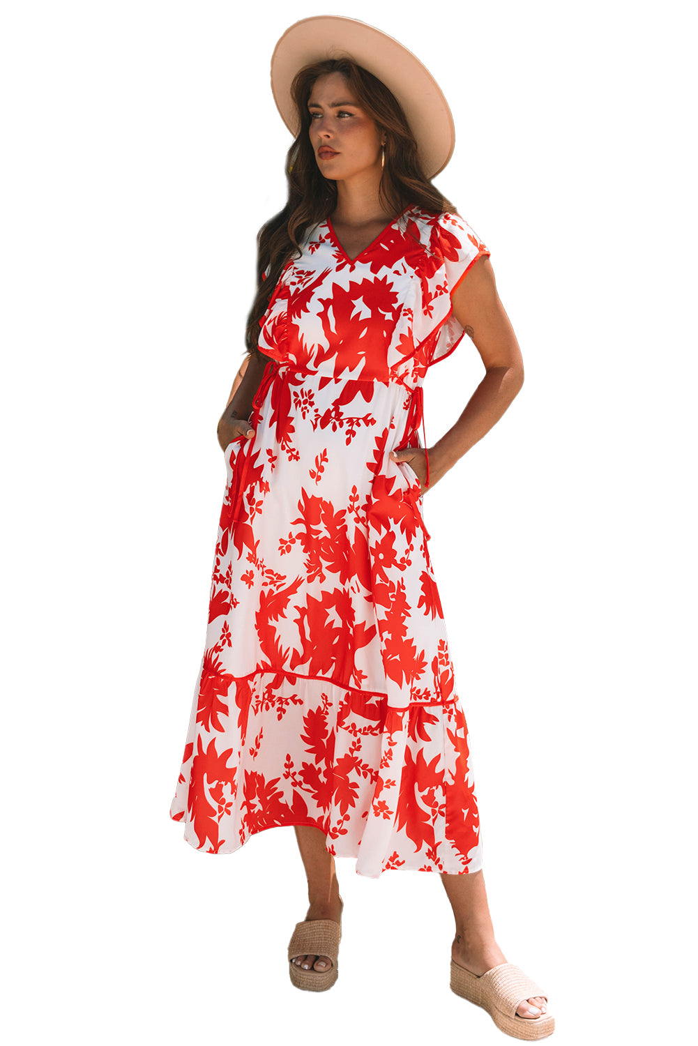 Floral Print Trimmed V Neck Ruffle Sleeve Long Dress