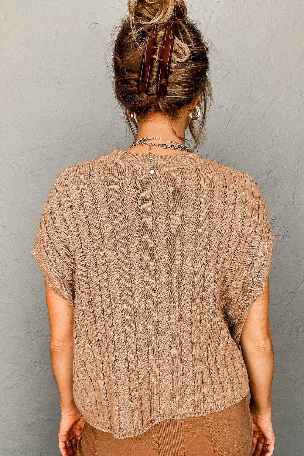 Crew Neck Cable Knit Short Sleeve Sweater