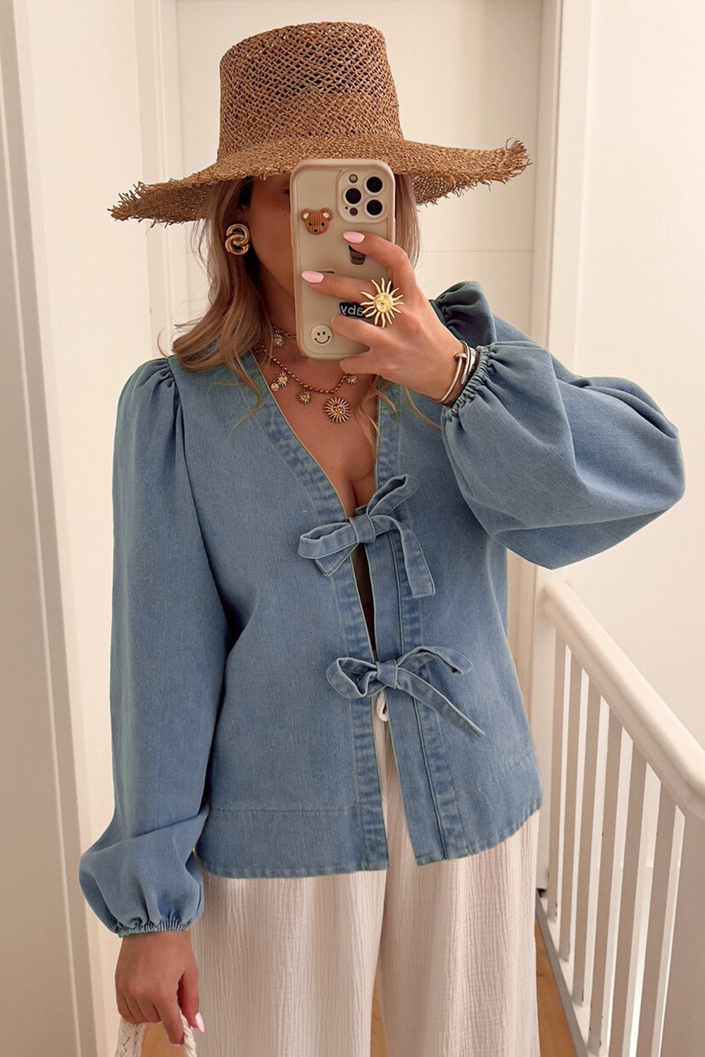 Tied Front Long Puff Sleeve Denim Top