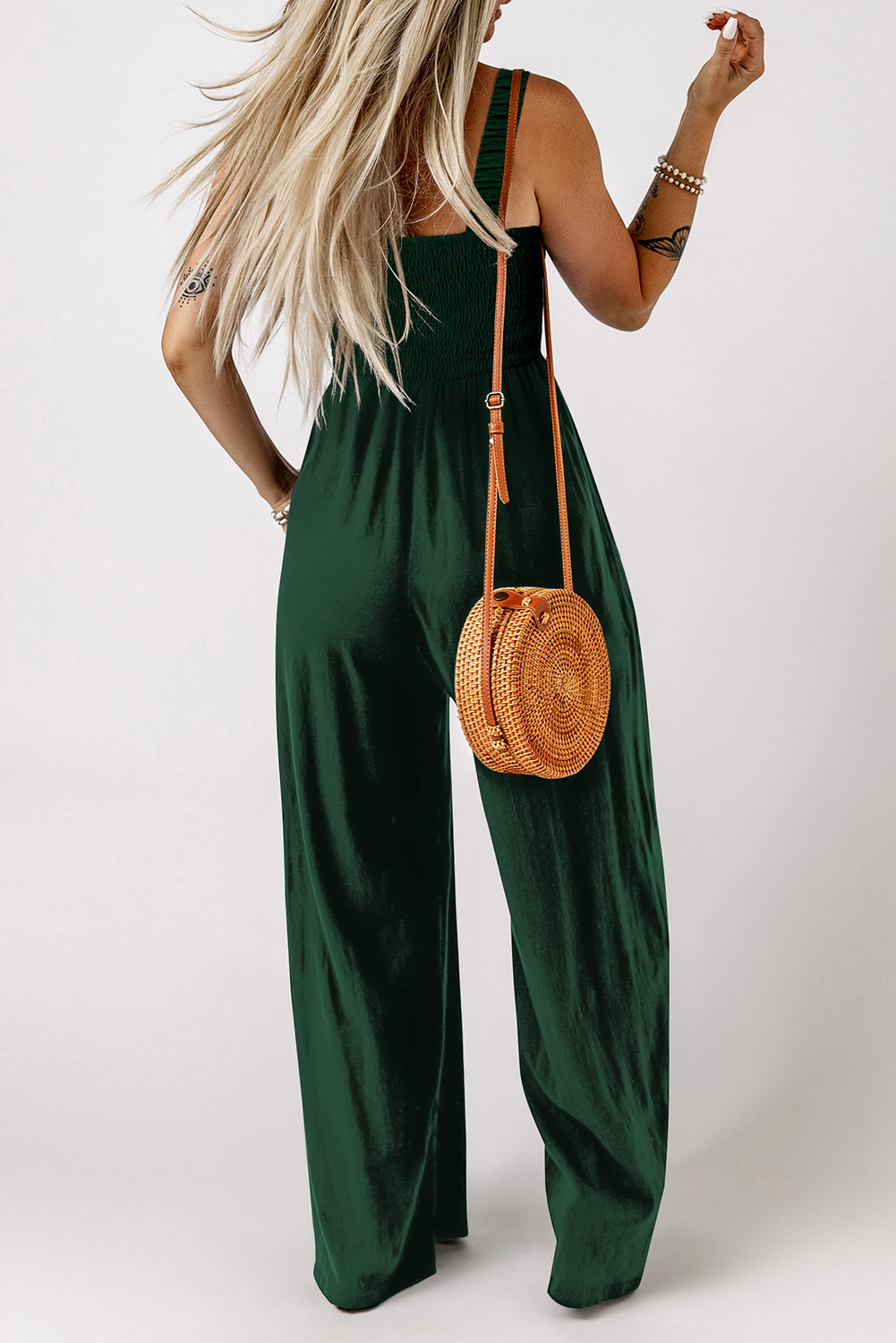 Smocked Sleeveless Wide Leg Jumpsuit with Pockets