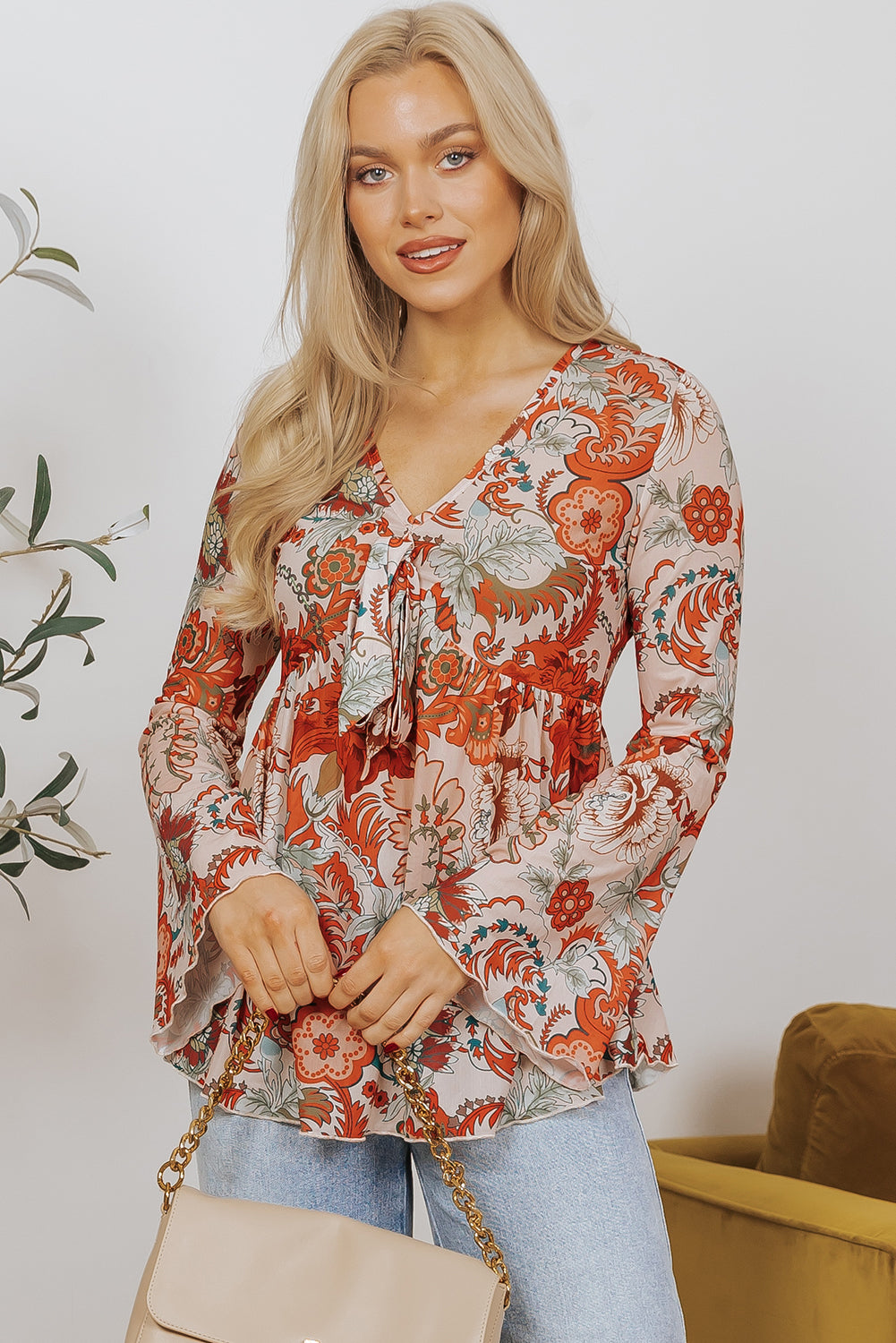 Floral Print Deep V Neck Knot Bell Sleeve Blouse