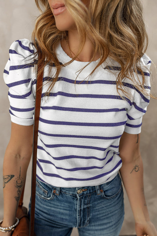 Ribbed Trim Round Neck Bubble Sleeve Knitted Top