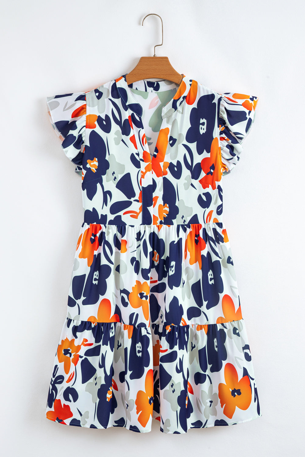 Floral Print Notched Neck Flutter Sleeve Mini Dress