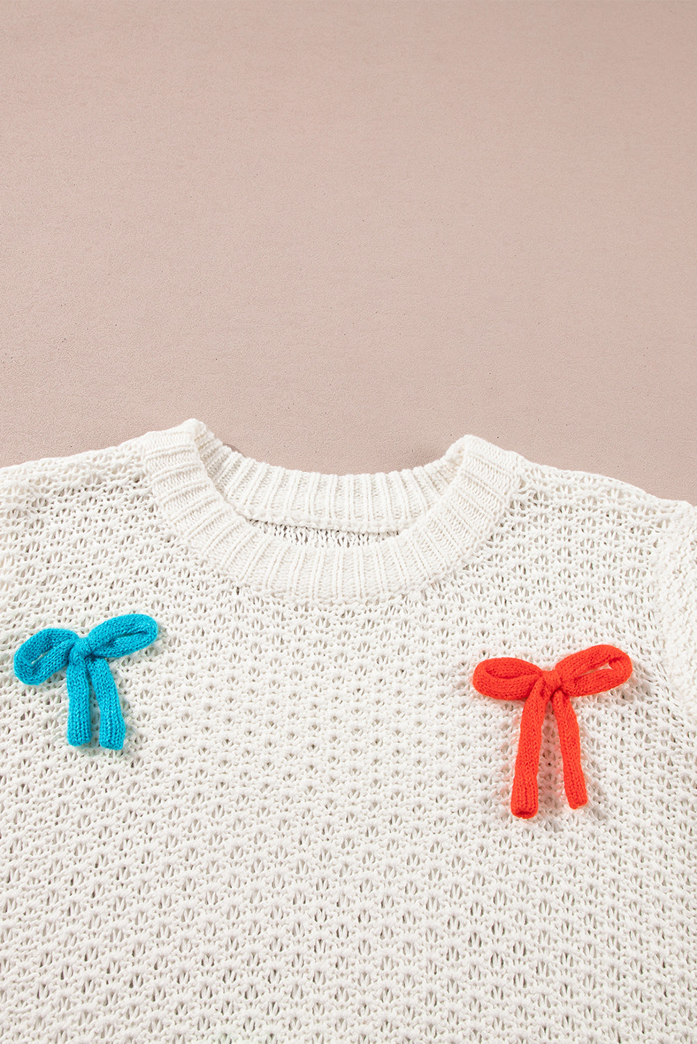 Colorful Bow Knit Mock Neck Short Sleeve Sweater