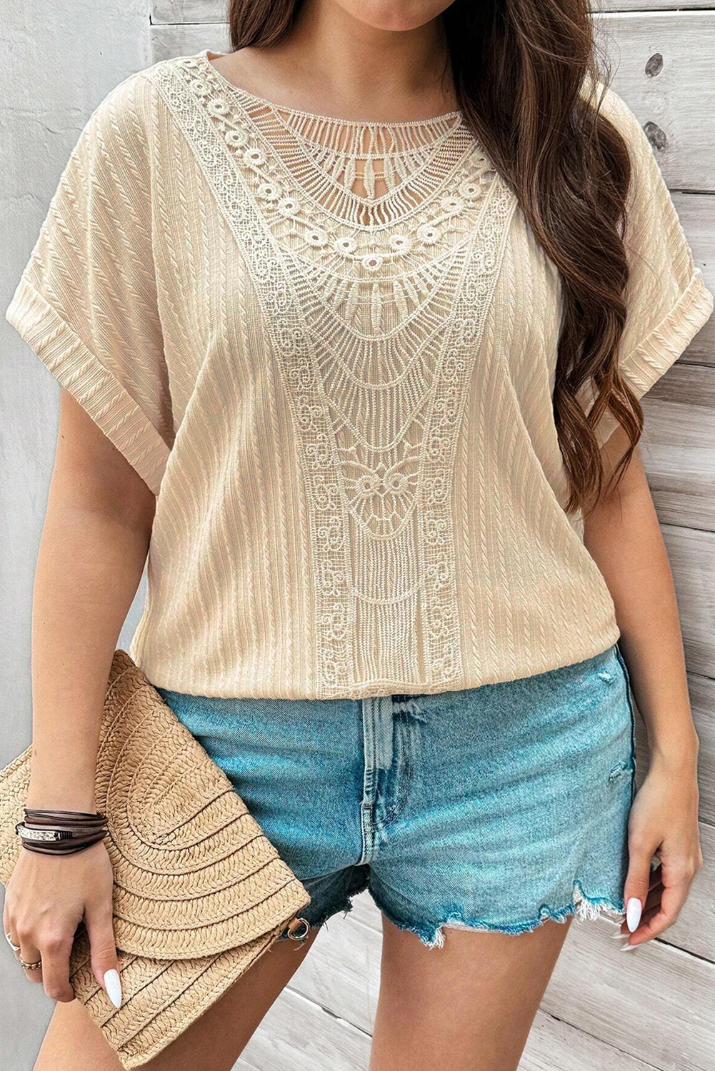 Lace Crochet Patched Cable Textured Cuffed Short Sleeve Plus Size Top