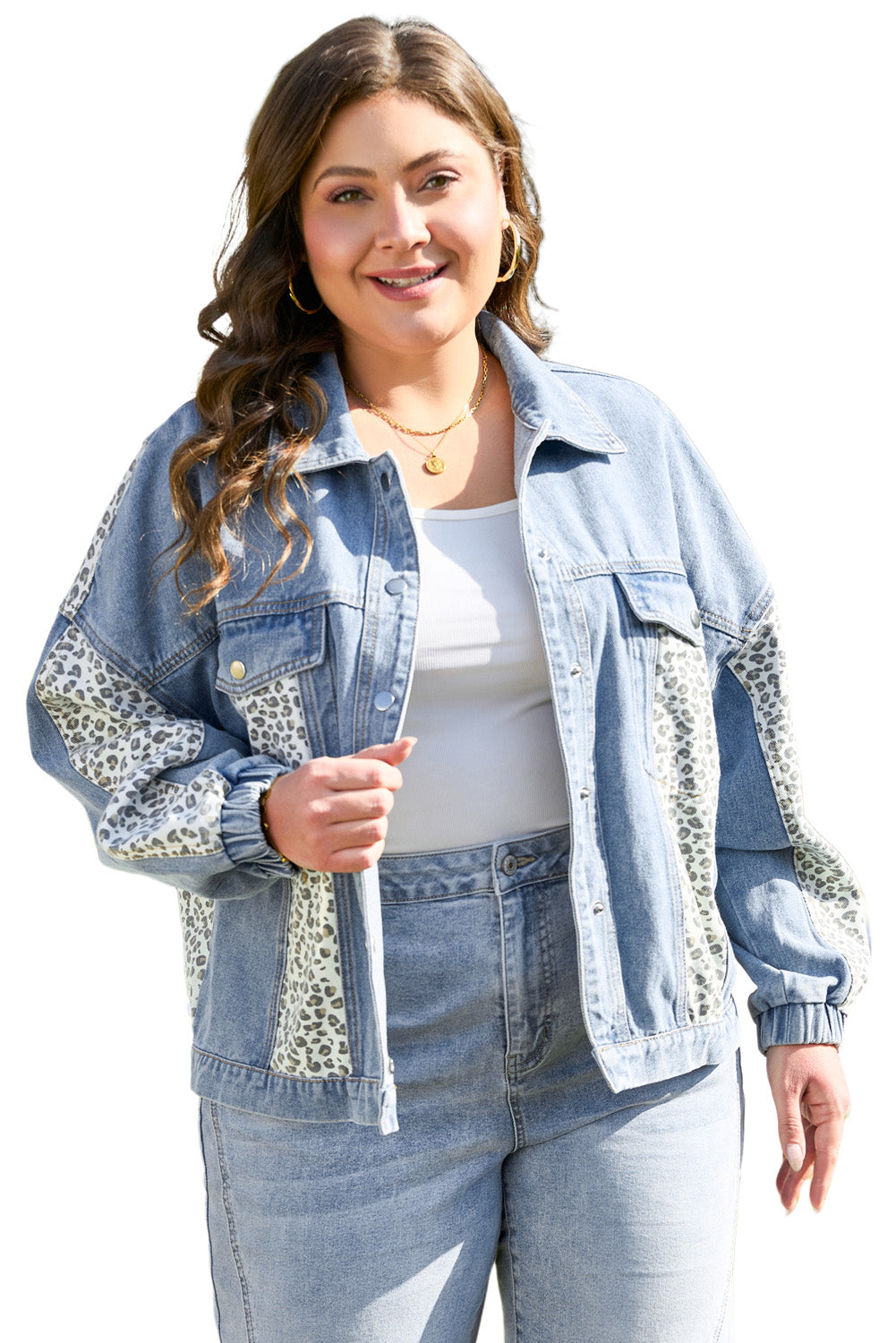 Leopard Patchwork Flap Detail Plus Size Denim Jacket