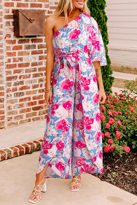 Floral Print Asymmetrical Neckline Single Shoulder Drape Sleeve Belted Jumpsuit