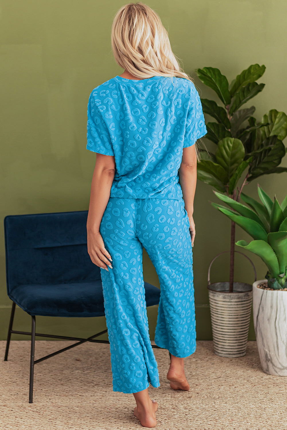 Leopard Jacquard Short Sleeve Top and Wide Leg Pants Set