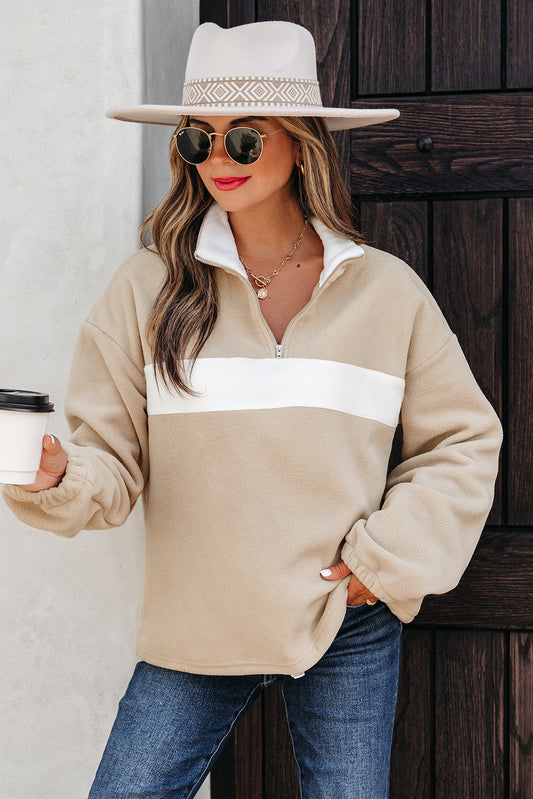 Fleece Colorblock Patchwork Zipped Neck Pullover Sweatshirt