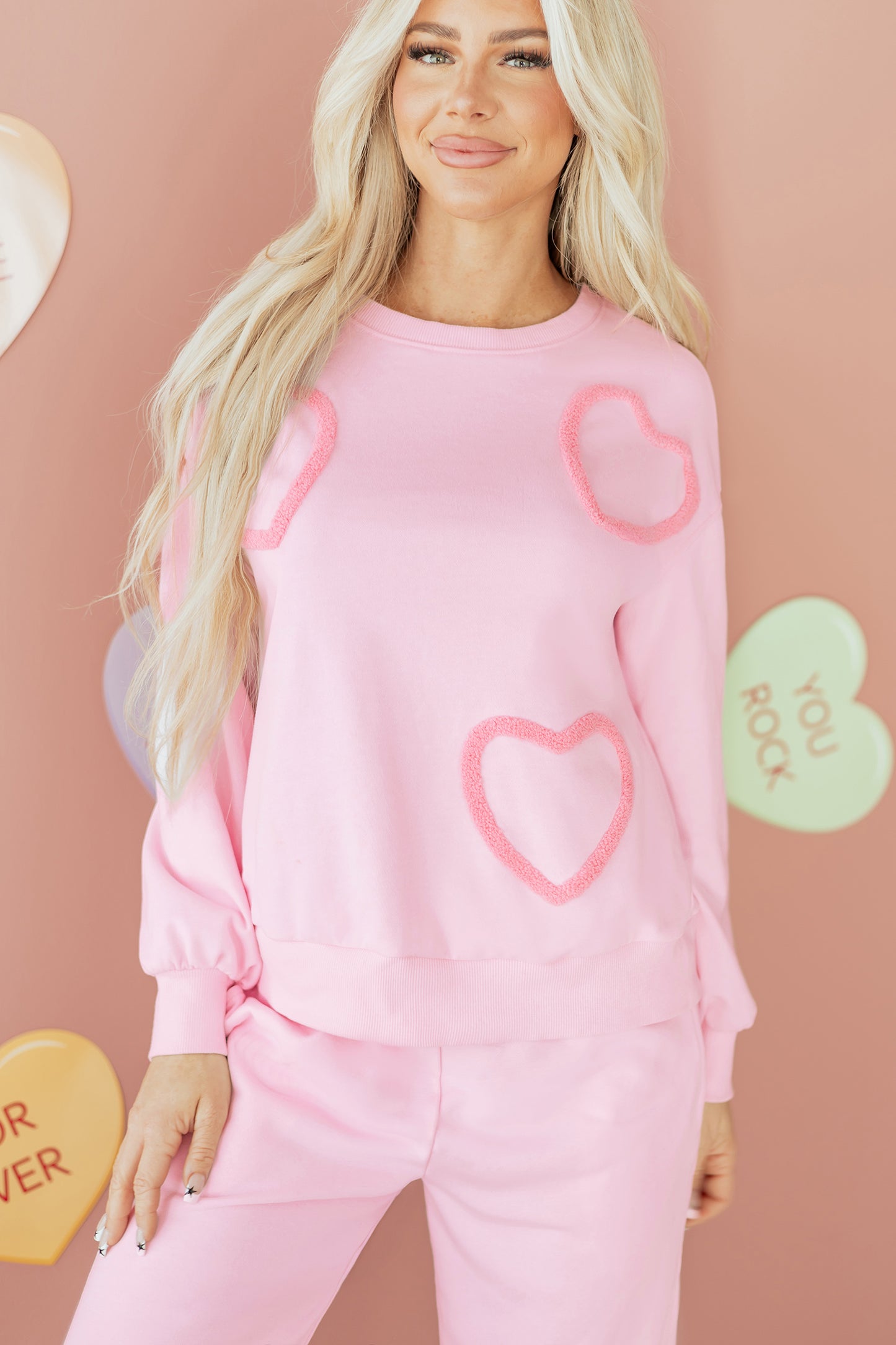 Chenille Heart Pattern Casual 2pcs Pants Set