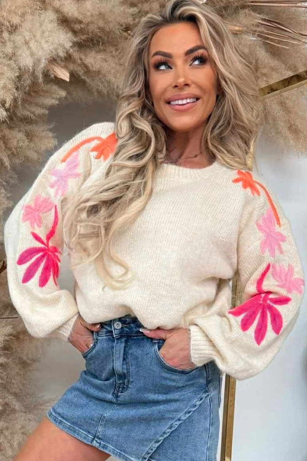 Embroidered Floral Sleeve Round Neck Loose Sweater