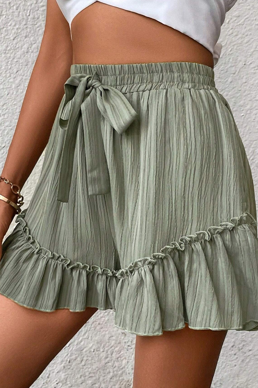 Textured Tie Waist Ruffle Hem Shorts