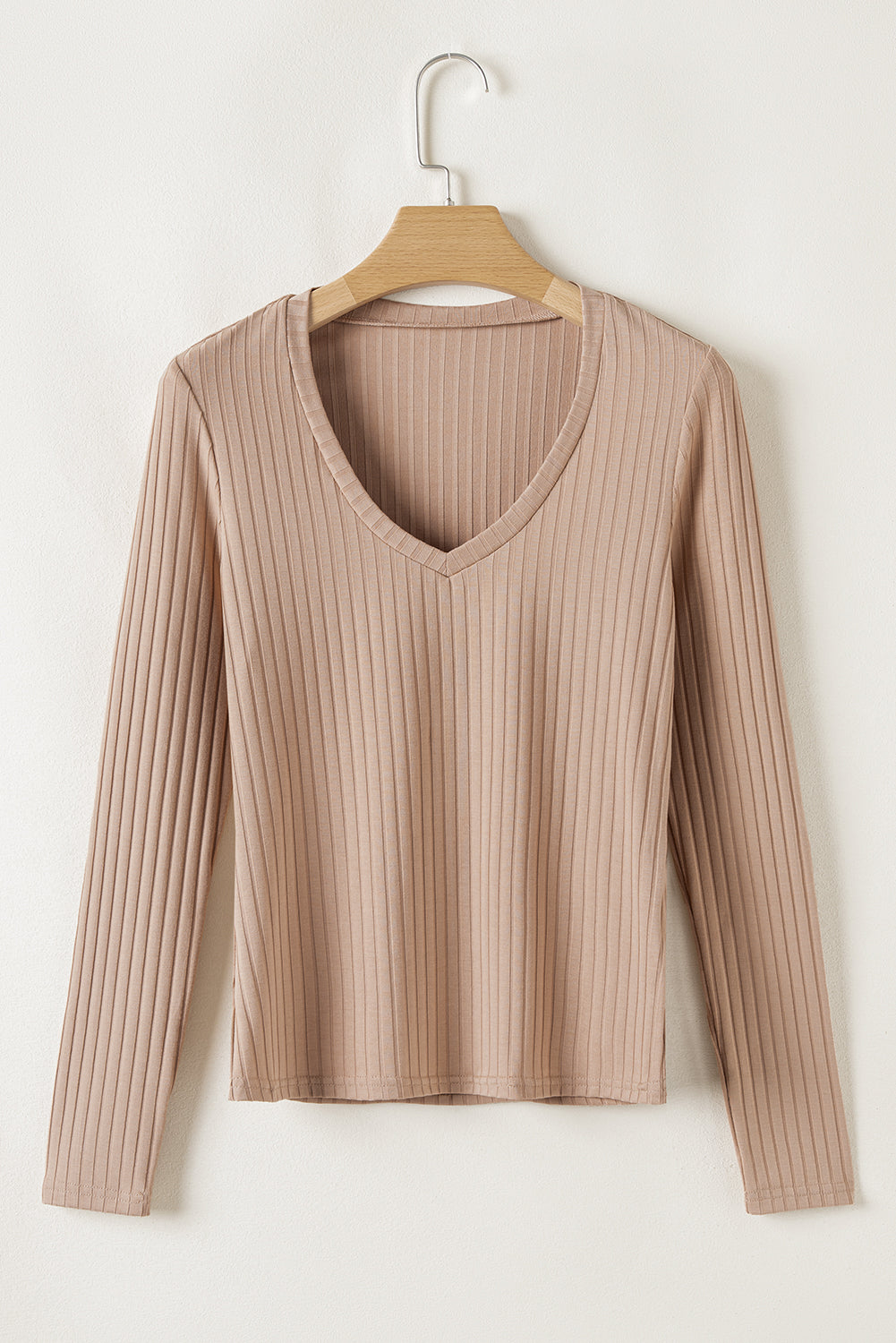 Ribbed Knit V Neck Long Sleeve Slim Fit Top