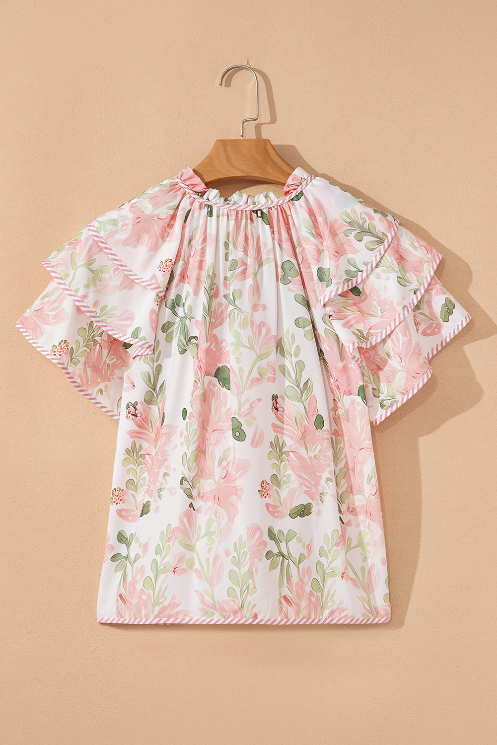 Floral Print Striped Contrast Tiered Ruffled Sleeve V Neck Blouse