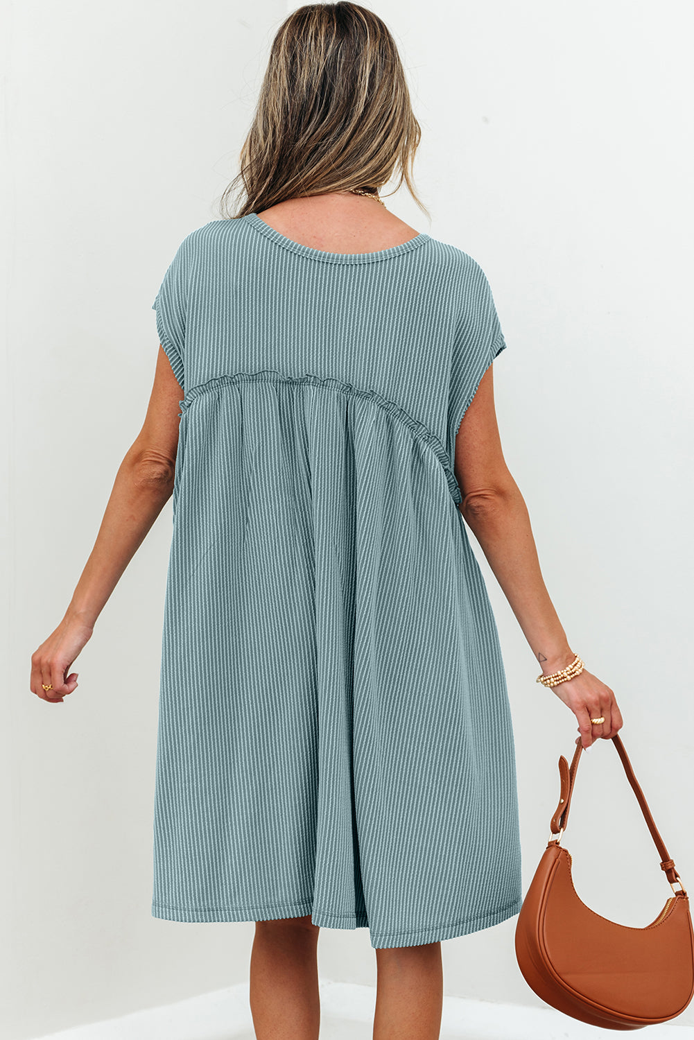 Corded Knit Textured Patched Pocket Frilled Swing Mini Dress with Pockets
