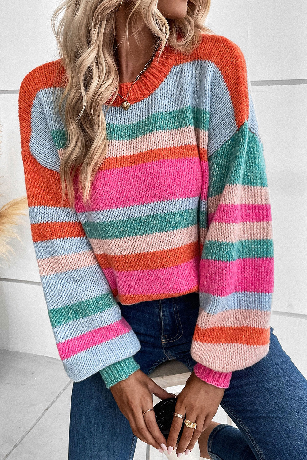 Striped Knit Drop Shoulder Puff Sleeve Sweater