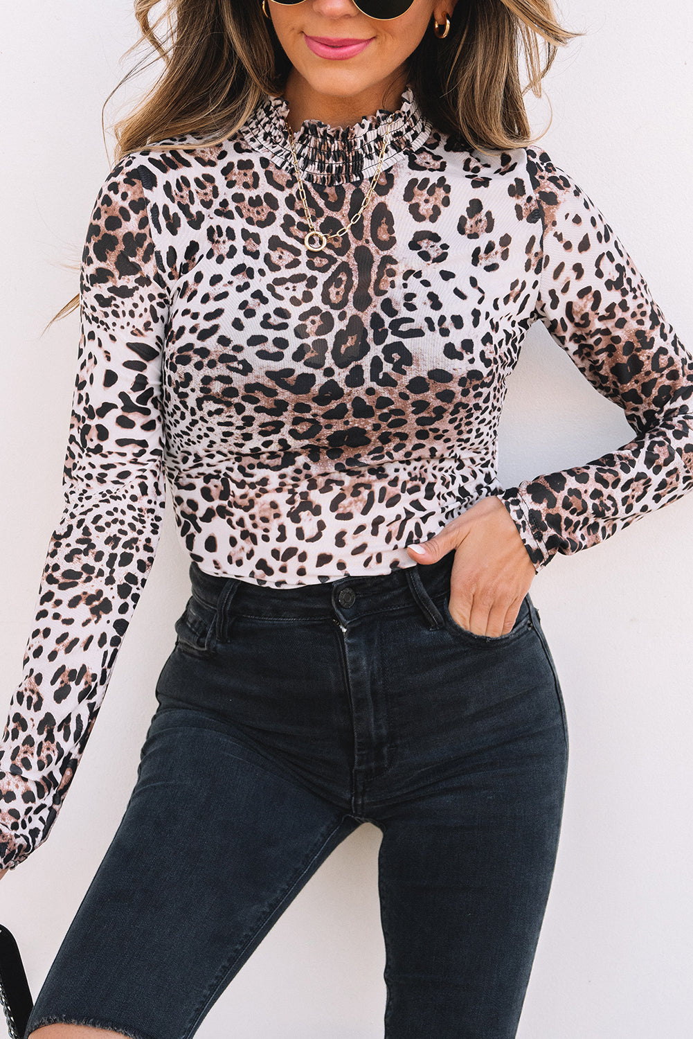 Leopard Smocked Neck Mesh Long Sleeve Bodysuit