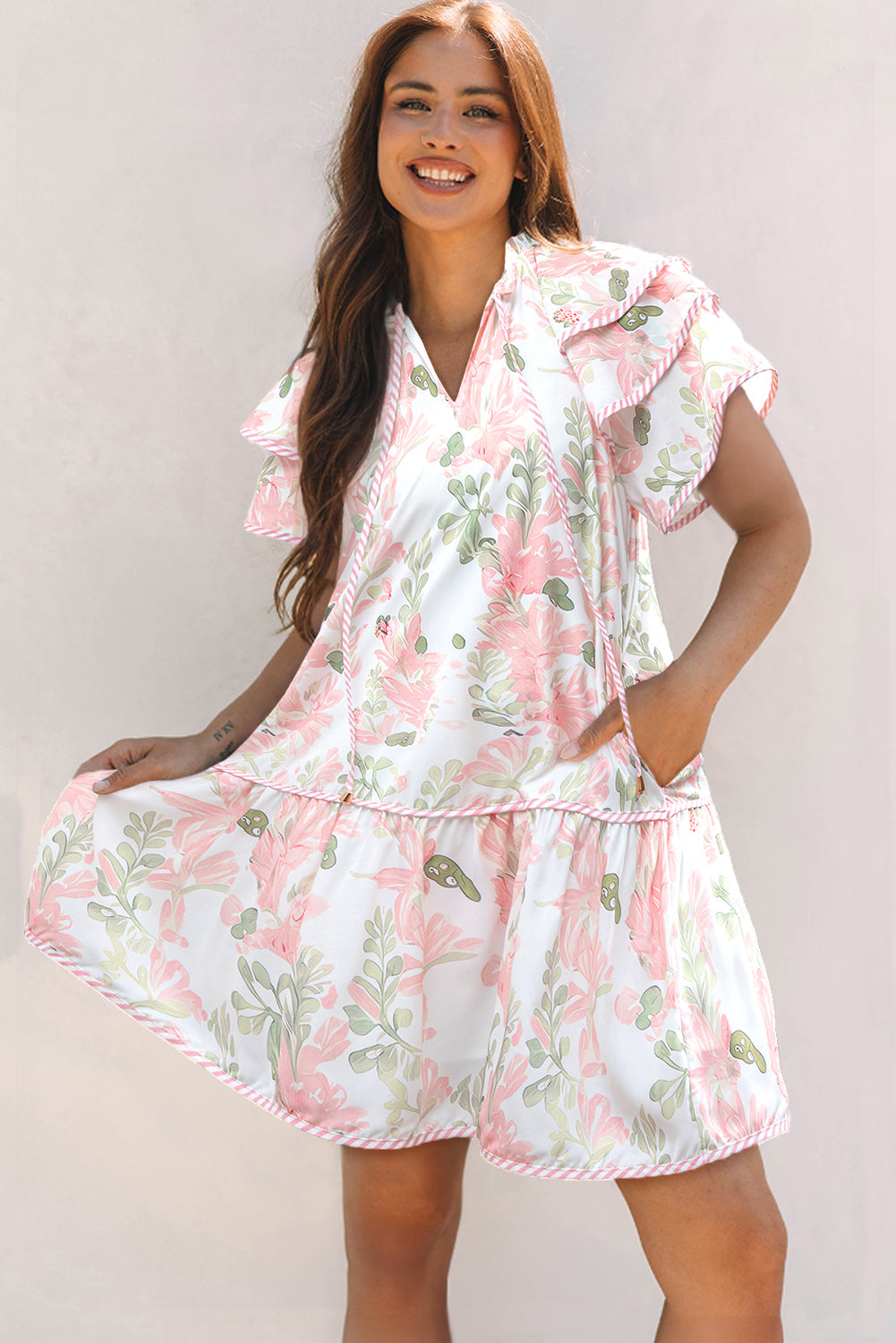 Floral Contrast Edge Layered Short Sleeve Mini Dress