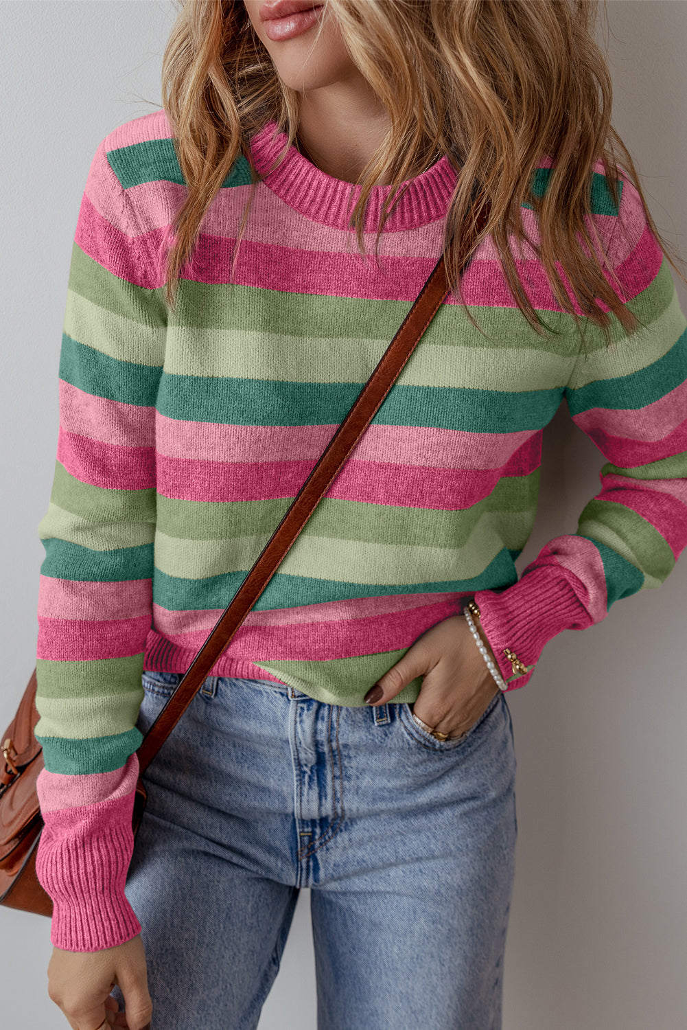 Color Block Ribbed Edge Round Neck Sweater