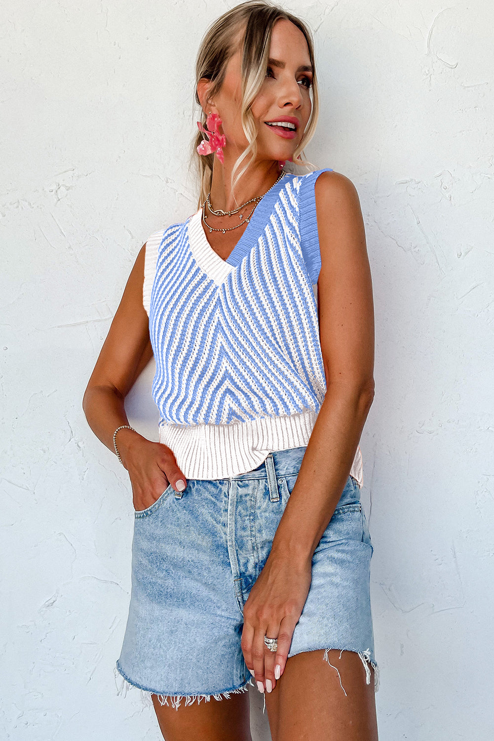 Contrast Chevron Knit V Neck Sweater Vest