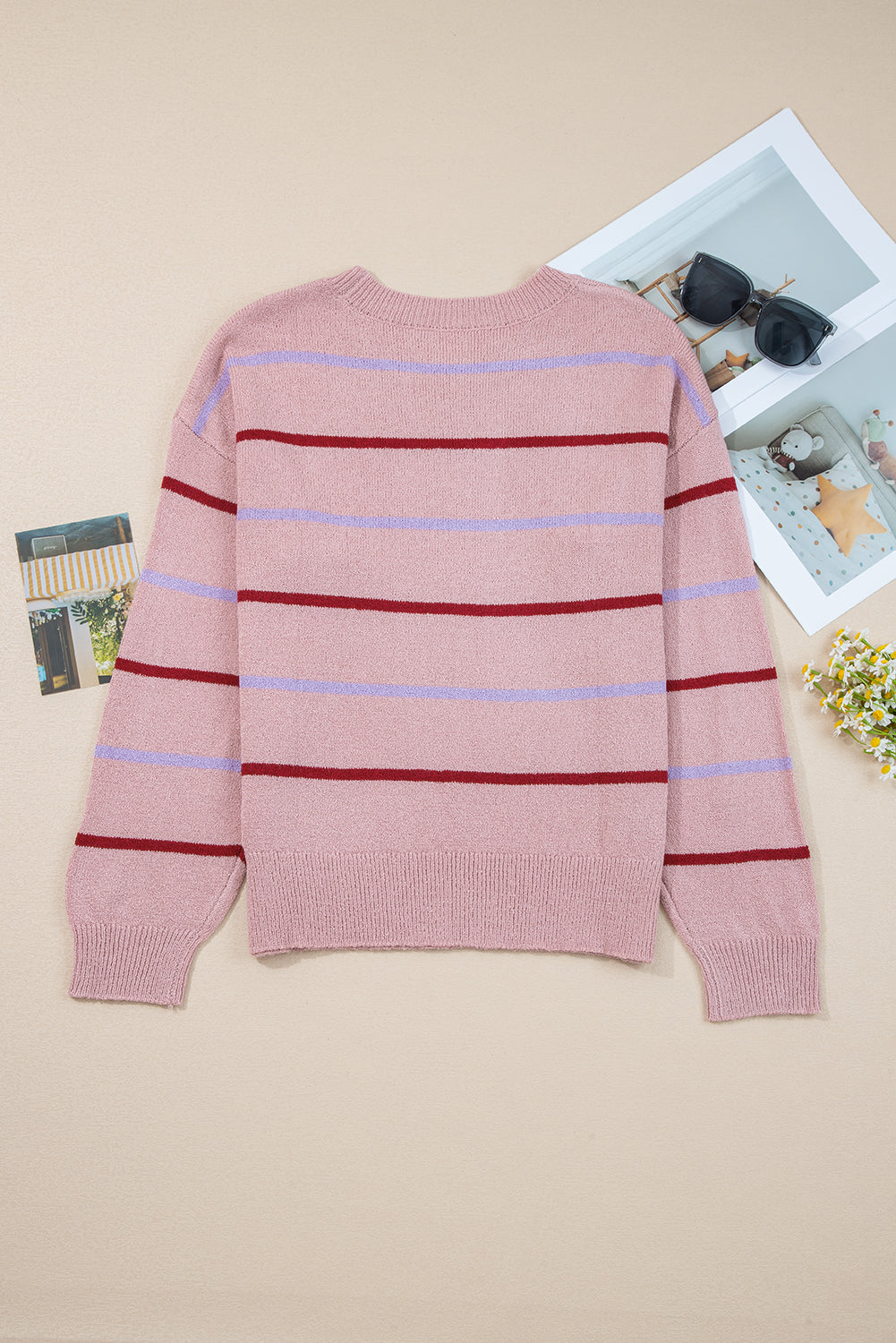 Stripe Ribbed Edge Drop Shoulder Sweater