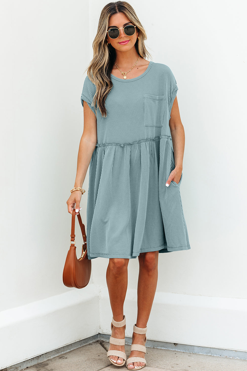 Corded Knit Textured Patched Pocket Frilled Swing Mini Dress with Pockets