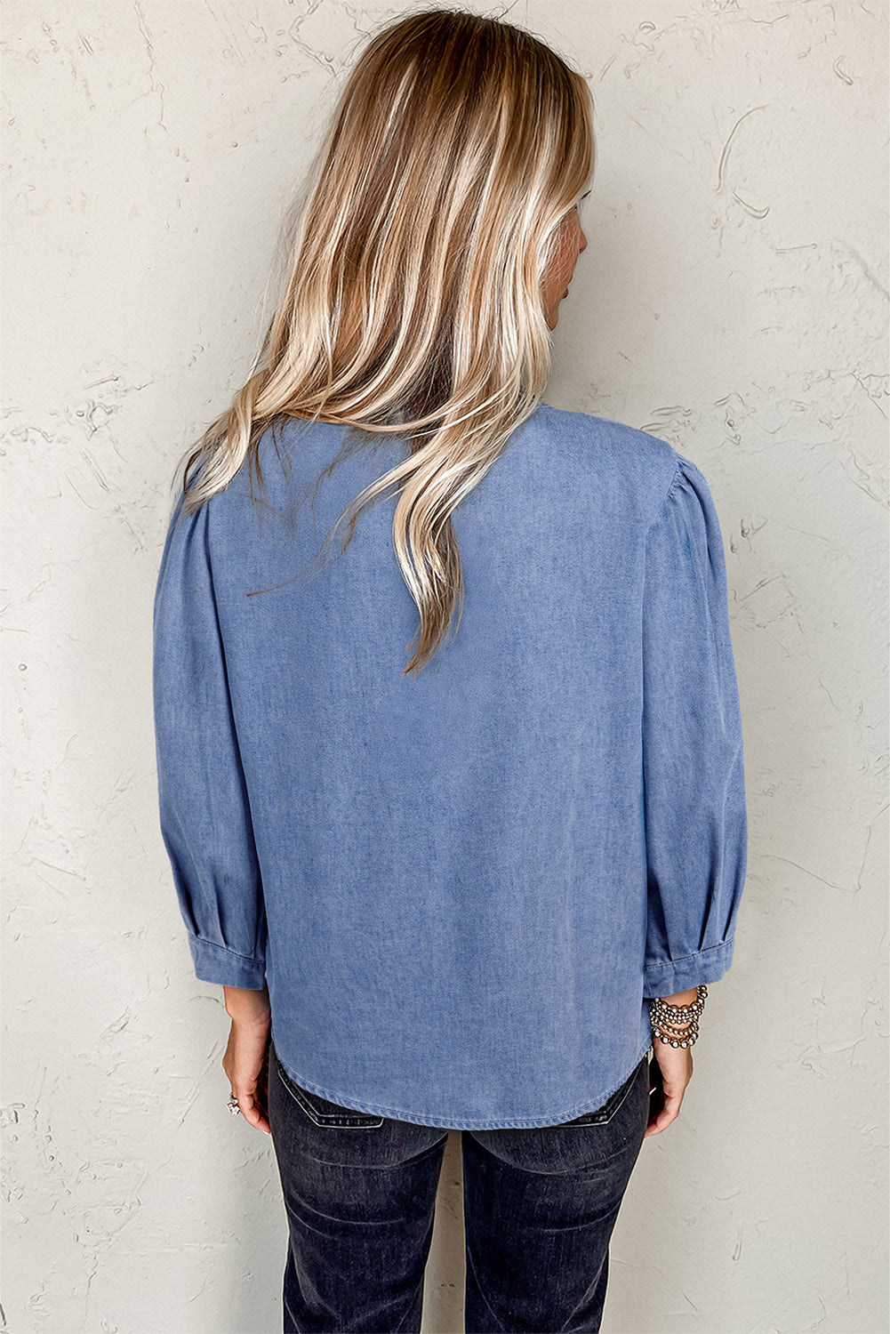 Denim Front Pintuck Bow Tie Puff Sleeve Top