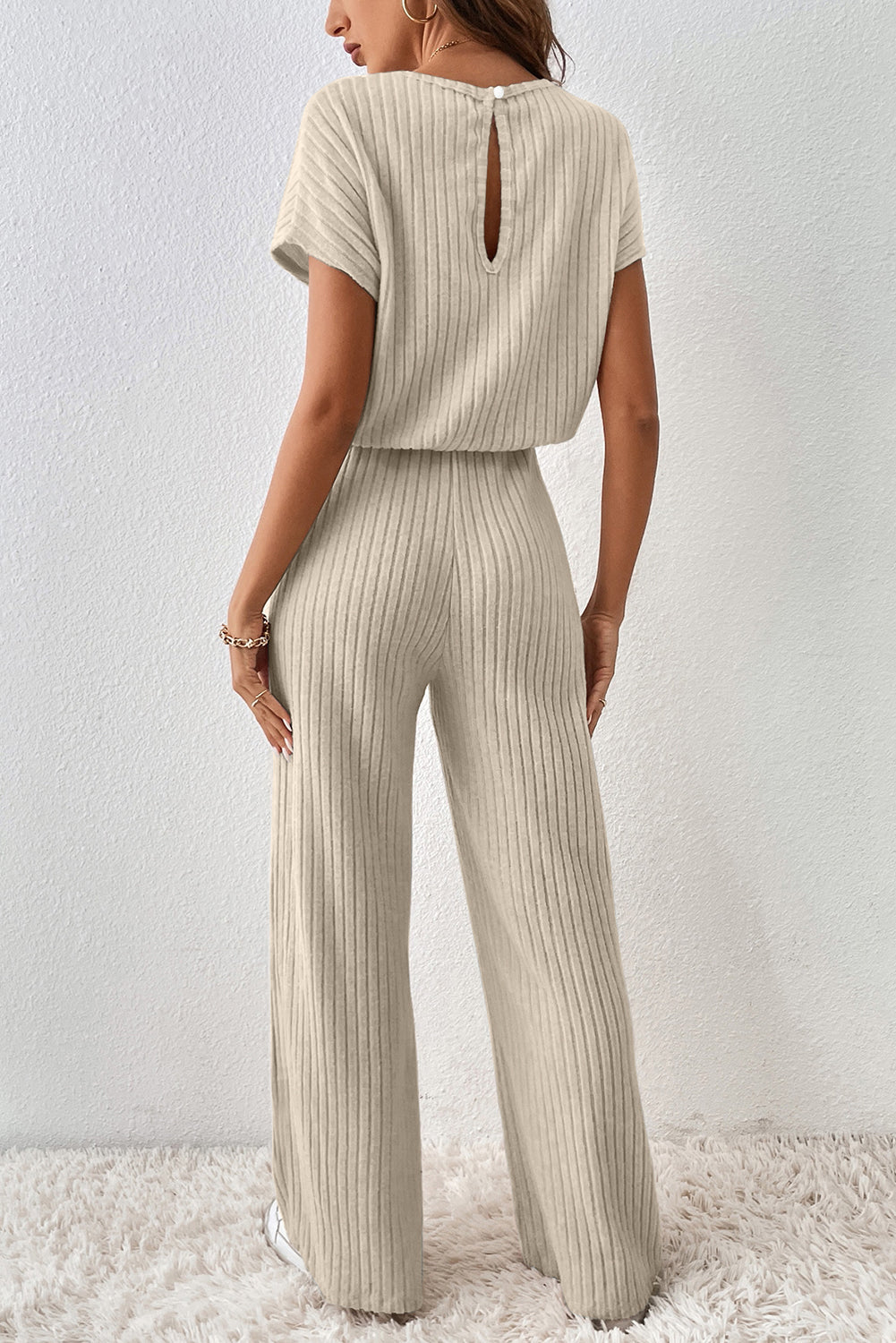 Ribbed Keyhole Short Sleeve Wide Leg Jumpsuit