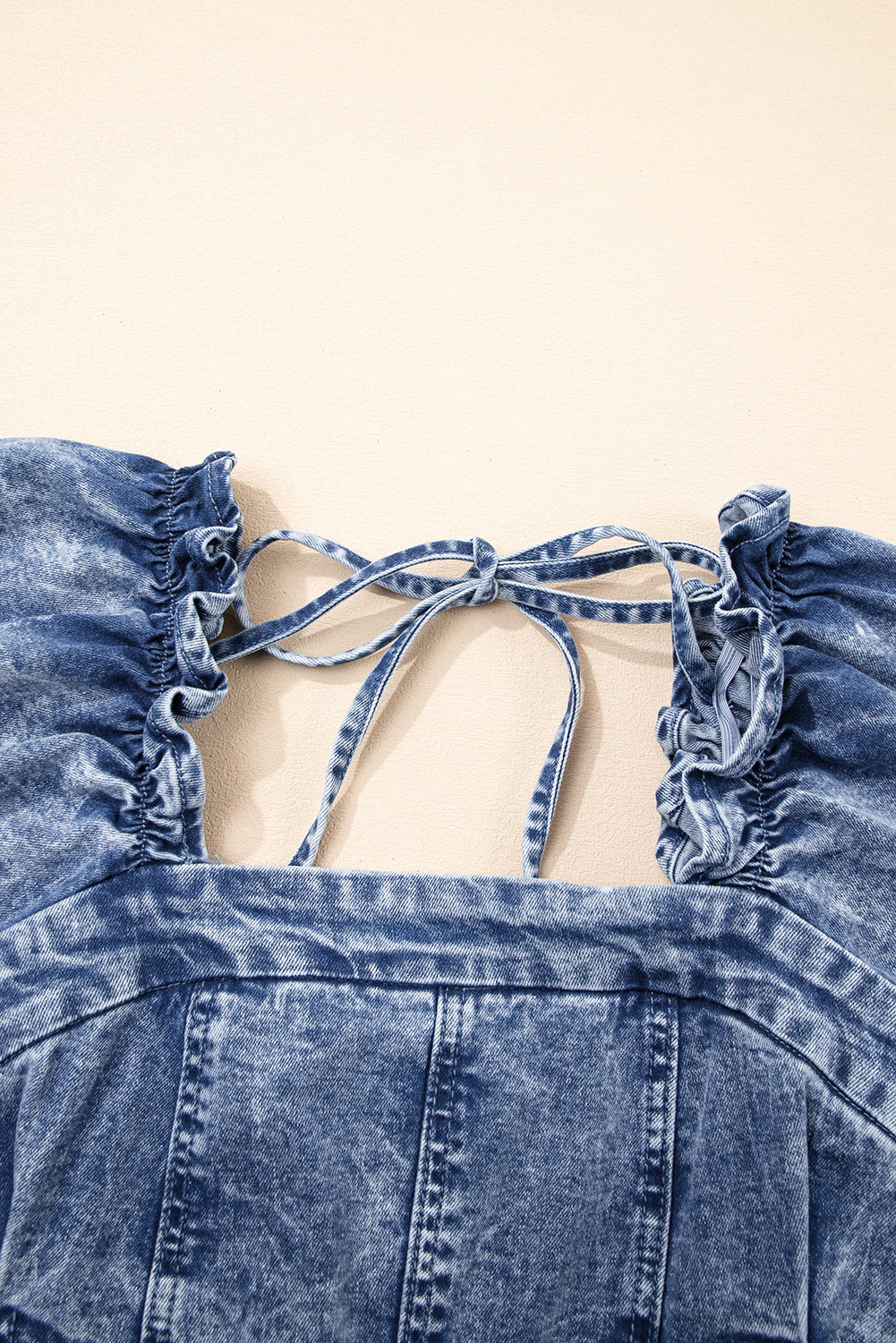 Frilly Square Neck Bustier Puff Sleeve Short Denim Dress