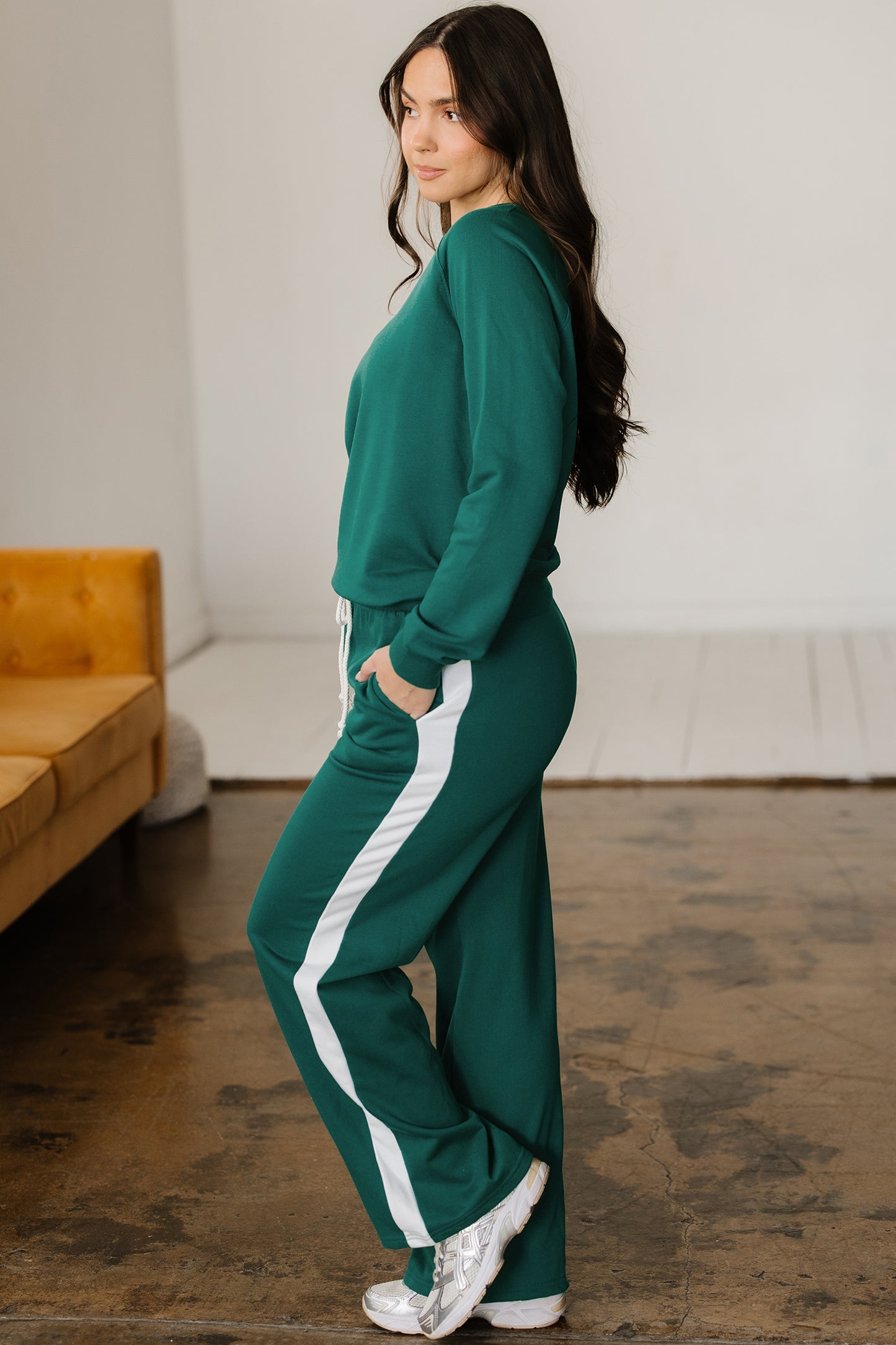 Solid Color Pullover Top Varsity Stripe Detail Loose Drawstring Pants Set