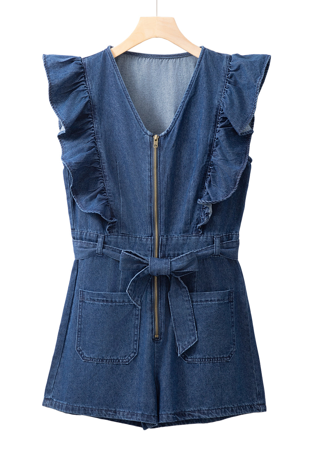 Denim Ruffled Zipped Front Belted Romper