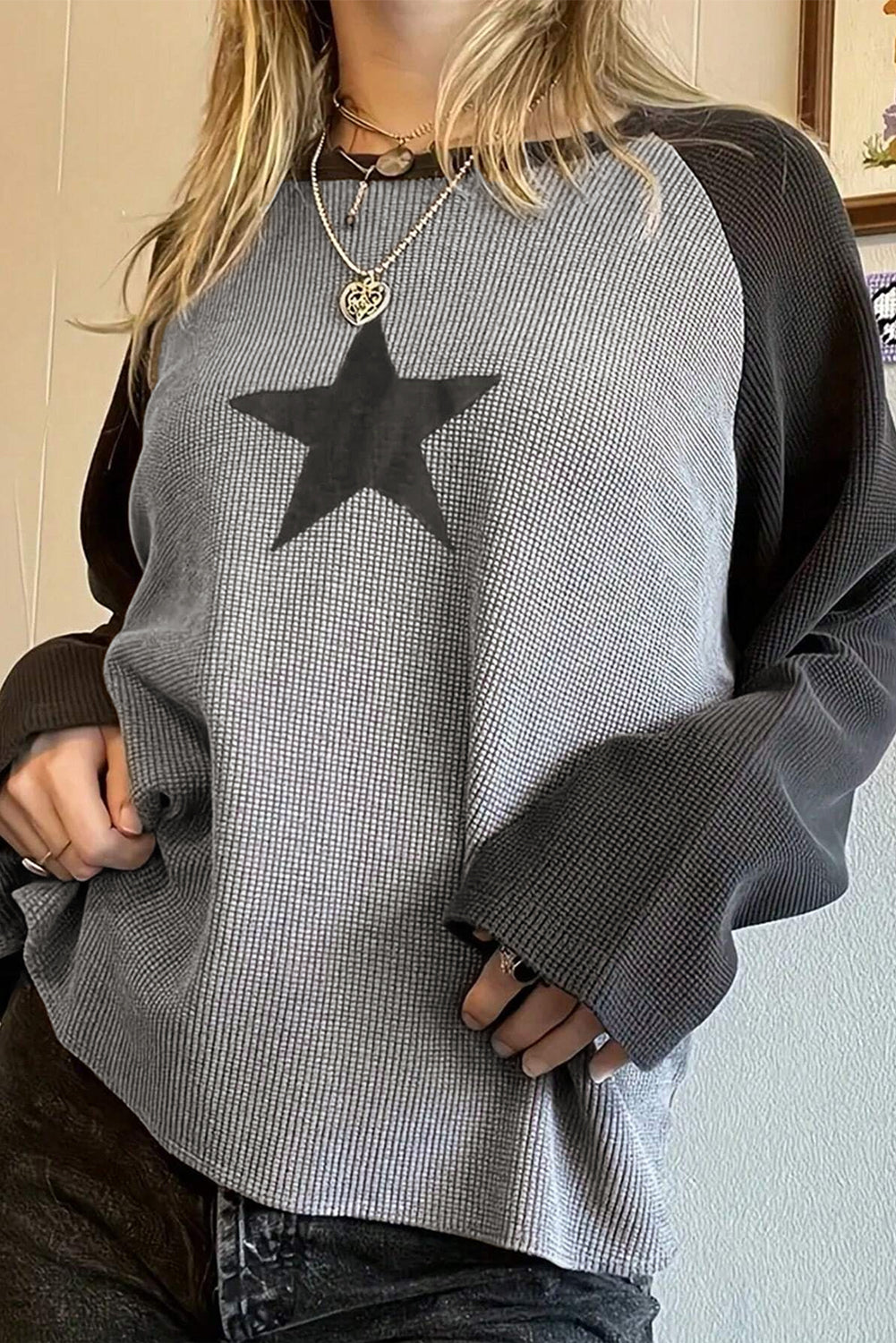 Waffle Knit Colorblock Star Patch Graphic Raglan Top