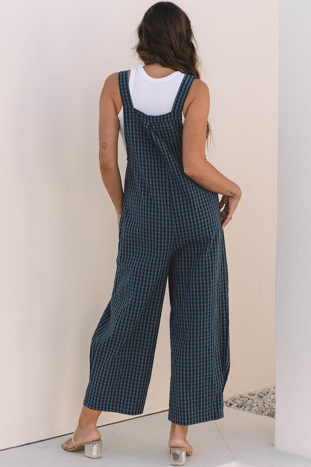 Plaid Print Buttoned Pocketed High Waist Overall