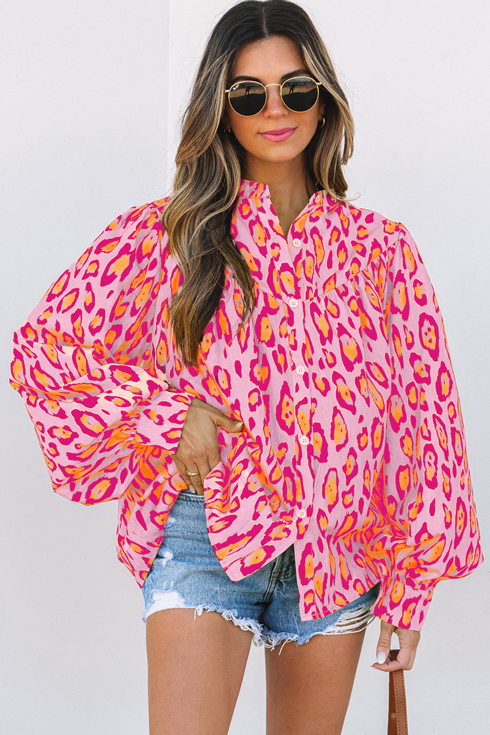 Oversized Leopard Print Balloon Sleeve Casual Shirt